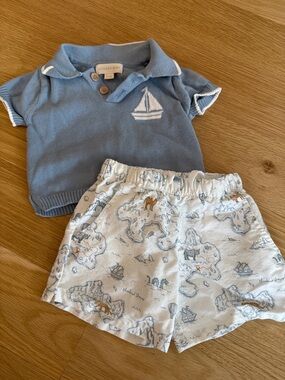 Elegant Baby Blue Knit Polo & Map-Print Shorts Kids Matching Set